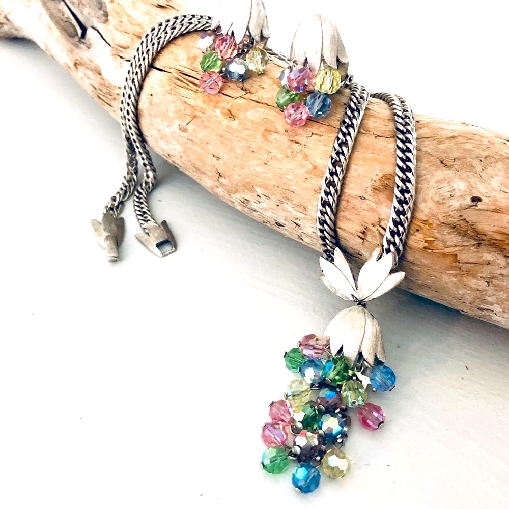 Vintage Tulip Crystal Bead Necklace earrings Demi set RARE